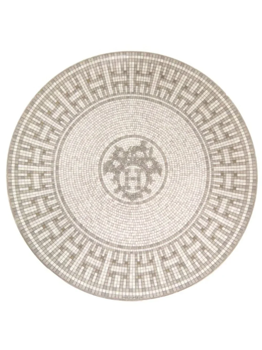 Hermes Mosaic 24 Platinum Ceramic Gray Leather Dessert Plate